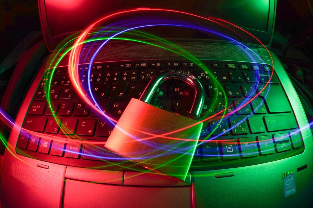 Digital cybersecurity concept with glowing padlock and binary code streams